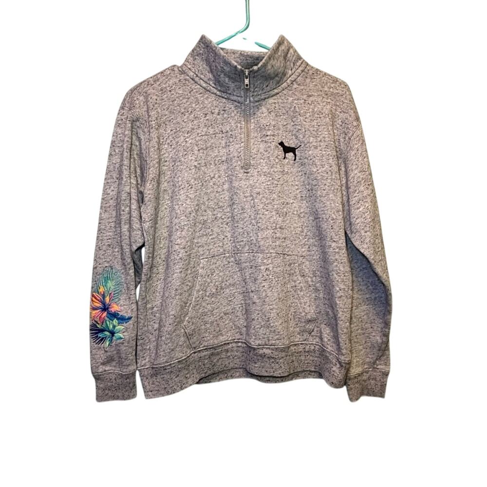 PINK Gray Quarter Zip Pullover with Tropical Embroidered Sleeve Detail – Size XS - Picture 1 of 9